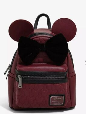 Disney Loungefly Minnie Mouse Quilted Velvet Bow Mini Backpack burgundy